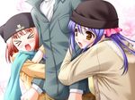  &gt;_&lt; 2girls blue_hair blush closed_eyes hat kouda_chinatsu masaharu multiple_girls ribbon scarf shirase_ui ui-chan_no_niizuma_diary 