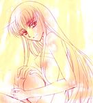  artist_request bangs bare_shoulders blush c.c. code_geass hug light_smile long_hair looking_at_viewer parted_lips simple_background solo teeth upper_body very_long_hair yellow yellow_background 