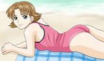  aqua_eyes arm_support artist_request ass bangs beach beach_towel blue_eyes breasts brown_hair casual_one-piece_swimsuit cowboy_shot day flipped_hair from_side gundam gundam_seed hands_together light_smile looking_at_viewer looking_back lying miriallia_haw ocean on_stomach one-piece_swimsuit outdoors parted_bangs pink_swimsuit plaid short_hair small_breasts smile solo swimsuit towel water 