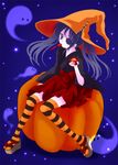  alternate_costume artist_request blue_background eyepatch gintama halloween hat pumpkin sandals sitting solo striped striped_legwear thighhighs witch_hat yagyuu_kyuubei 