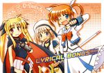  3girls arm_belt artist_request belt blonde_hair bow cape comic fate_testarossa fingerless_gloves gauntlets gloves hair_ornament hat jacket lyrical_nanoha magazine_(weapon) magic_circle magical_girl mahou_shoujo_lyrical_nanoha mahou_shoujo_lyrical_nanoha_a's multiple_girls one_eye_closed open_clothes open_jacket purple_eyes raising_heart red_bow red_hair takamachi_nanoha thighhighs twintails unison waist_cape x_hair_ornament yagami_hayate 