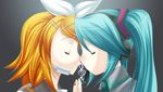  aqua_hair bad_id bad_pixiv_id blonde_hair bow capelet closed_eyes eko hair_ornament hairclip hatsune_miku headphones headset kagamine_rin light_smile long_hair multiple_girls nail_polish necktie orange_nails treble_clef twintails vocaloid 