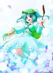  blue_eyes green_hair hair_bobbles hair_ornament hat hisame_genta jewelry kawashiro_nitori key open_mouth pendant solo touhou two_side_up 