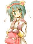  animal_ears animal_print bag bear_print buckle coat fake_animal_ears gloves green_eyes green_hair holding looking_at_viewer merchant_(ragnarok_online) ragnarok_online red_gloves school_bag short_hair simple_background solo suka turtleneck white_background 