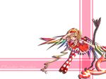  ascot blonde_hair blush character_name flandre_scarlet frilled_skirt frills full_body hairband laevatein long_hair one_eye_closed one_side_up red_eyes red_footwear red_skirt same_no_hito shoes simple_background skirt solo striped striped_legwear thighhighs touhou very_long_hair wings 