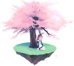  arm_support asami_natsuhito brown_eyes brown_hair cherry_blossoms hair_ornament island long_hair original pointy_ears sitting solo tree 
