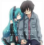  1girl aqua_hair couple glasses hatsune_miku head_on_shoulder hetero holding_hands long_hair magamoto master_(vocaloid) sleeping very_long_hair vocaloid 