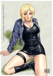  aya_brea azasuke belt blonde_hair boots breasts cleavage dress jacket large_breasts panties pantyshot parasite_eve parasite_eve_ii purple_eyes short_hair sitting solo thigh_strap underwear white_panties zipper 