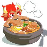  bowser chibi dark_skin dark_skinned_male food horns lowres male_focus mario_(series) minus8 oekaki pointy_ears pout red_eyes red_hair solo soup spoon super_mario_bros. 