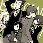  3boys :o ^_^ age_difference artist_request baccano! closed_eyes czeslaw_meyer ennis firo_prochainezo formal green green_background height_difference isaac_dian long_sleeves lowres miria_harvent monochrome multiple_boys multiple_girls oekaki parted_lips short_hair sidelocks simple_background suit surprised upper_body wide-eyed 