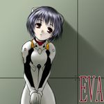  against_wall ayanami_rei bangs blue_hair bodysuit bracer breasts closed_mouth copyright_name cowboy_shot expressionless gloves hands_together head_tilt headgear indoors looking_at_viewer neon_genesis_evangelion pale_skin pilot_suit plugsuit red_eyes shadow short_hair skinny skull_mania small_breasts solo standing turtleneck v_arms white_bodysuit 