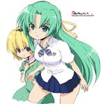  blonde_hair green_eyes green_hair hairband half_updo higurashi_no_naku_koro_ni houjou_satoko long_hair multiple_girls oekaki onija_tarou purple_eyes school_uniform short_hair sonozaki_shion 