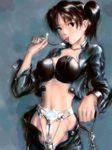  black_hair blue_eyes bra brown_hair chastity_belt copyright_request jacket jpeg_artifacts key leather leather_jacket lingerie open_fly s_zenith_lee short_hair solo twintails underwear undressing unzipped zipper 