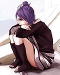  akatsuki_(naruto) fishnets flower hair_flower hair_ornament konan lily_(artist) lowres naruto_(series) naruto_shippuuden purple_hair sandals short_hair sitting skirt solo 