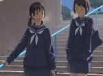  breath cardigan cold go_robots hands_in_pockets multiple_girls original school_uniform serafuku smile stairs 