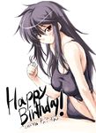  ayase_shinomu black_hair black_panties blush breasts character_name english hair_twirling happy_birthday large_breasts panties red_eyes sketch smile solo tank_top tsuyokiss underwear white_background yashi_nagomi 