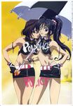  90s absurdres bare_shoulders belt black_hair breasts brown_hair covered_nipples gloves green_eyes hand_on_hip highres kobayakawa_miyuki long_hair looking_at_viewer medium_breasts midriff miniskirt multiple_girls nakajima_atsuko official_art panties pencil_skirt ponytail race_queen short_hair skirt smile thong tsujimoto_natsumi umbrella underboob underwear you're_under_arrest 