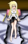  bed bed_sheet black_legwear blonde_hair breasts cleavage collarbone fate_testarossa hikami_shou large_breasts legwear_removed long_hair lyrical_nanoha mahou_shoujo_lyrical_nanoha_strikers navel on_bed pillow red_eyes shirt solo stomach thighhighs undressing very_long_hair white_shirt 