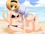  artist_request beach bikini blush copyright_request day food licking multiple_girls outdoors popsicle swimsuit 