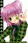  blush clover club_(shape) four-leaf_clover hinamori_amu jewelry looking_at_viewer official_art one_eye_closed peach-pit pink_hair ribbon scan short_hair shugo_chara! smile solo tongue yellow_eyes 