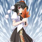  bangs black_hair bococho hat leaf looking_at_viewer red_eyes shameimaru_aya skirt smile solo tokin_hat touhou 