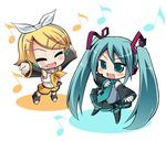  :d ^_^ ^o^ aqua_hair aqua_neckwear bangs black_legwear black_skirt blonde_hair celebi_ryousangata closed_eyes detached_sleeves eighth_note full_body hatsune_miku kagamine_rin long_hair long_sleeves multiple_girls musical_note neckerchief necktie open_mouth pleated_skirt sailor_collar school_uniform serafuku shirt short_hair short_shorts shorts simple_background skirt smile swept_bangs thighhighs twintails very_long_hair vocaloid white_background white_shirt zettai_ryouiki 