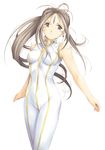  aa_megami-sama antenna_hair belldandy blush bodysuit earrings facial_mark forehead_mark grey_hair jewelry long_hair non-web_source ponytail purple_eyes shiny shiny_clothes simple_background single_vertical_stripe solo white_bodysuit zundarepon 