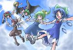  animal_ears antennae blonde_hair blue_eyes blue_hair bow brown_hair cape cat_ears chen cirno closed_eyes daiyousei dress fairy_wings foreshortening green_eyes green_hair hair_bow ice multiple_girls mystia_lorelei oekaki pink_hair ponytail rumia suichuu_hanabi team_9 thighhighs touhou wings wriggle_nightbug 