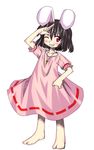  animal_ears barefoot black_hair blush bunny_ears dress inaba_tewi jewelry necklace one_eye_closed pink_dress red_eyes same_no_hito solo touhou 
