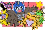  &gt;_&lt; :d ^_^ autobot beast_wars border cheetah cheetor closed_eyes decepticon dinobot dinosaur fangs foreshortening gorilla hands happy helmet kamizono_(spookyhouse) lucky_star maximal megatron motteke!_serafuku no_humans oekaki open_mouth optimus_primal outstretched_arms parody pink_background predacon rattrap rhinox school_uniform serafuku simple_background smile spread_arms star teeth transformers upper_body x3 