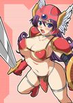 akino_hamo armor bikini_armor blue_eyes blush breasts choker cleavage dragon_quest dragon_quest_iii gloves helmet large_breasts long_hair navel no_panties open_mouth purple_hair red_armor shield soldier_(dq3) solo sword thigh_strap weapon 