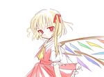 ascot blonde_hair blush flandre_scarlet hair_ribbon looking_at_viewer looking_to_the_side one_side_up puffy_short_sleeves puffy_sleeves red_eyes red_ribbon red_skirt ribbon same_no_hito short_sleeves simple_background skirt skirt_set solo touhou vest white_background wings 