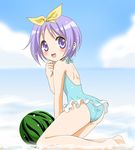  :d artist_request ass back beach blush casual_one-piece_swimsuit day food frilled_swimsuit frills fruit hair_ribbon halterneck hand_to_own_mouth hiiragi_tsukasa kneeling looking_back lucky_star ocean one-piece_swimsuit open_mouth outdoors purple_eyes purple_hair ribbon short_hair smile solo swimsuit wading water watermelon 