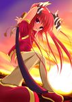  china_dress chinese_clothes dress kooh merumeru pangya purple_eyes red_hair solo sunset sword thighhighs twintails weapon 