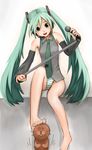  barefoot feet green_hair h_(158cm) hatsune_miku implied_footjob long_hair microphone microphone_stand panties sexually_suggestive solo striped striped_panties toenail_polish twintails underwear very_long_hair vocaloid 