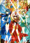  90s armor armored_dress blonde_hair blue_hair blue_hairband boots clamp elbow_gloves gloves green_skirt hairband hououji_fuu knee_boots magic_knight_rayearth multiple_girls official_art pink_hair red_armor ryuuzaki_umi shidou_hikaru skirt sword thigh_boots thighhighs weapon 