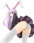  animal_ears ass blazer blush bunny_ears from_behind from_below jacket lavender_hair legs long_hair looking_at_viewer looking_back looking_down miniskirt open_mouth panties pantyshot pleated_skirt purple_eyes reisen_udongein_inaba seo_tatsuya simple_background skirt solo straight_hair striped striped_panties sweatdrop thighhighs touhou trefoil underwear upskirt very_long_hair white_background white_legwear 