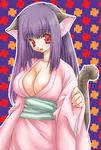  animal_ears breasts cat_ears copyright_request huge_breasts japanese_clothes kimono long_hair nipple_slip nipples purple_hair red_eyes solo tail unsigned 
