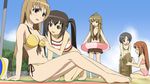  ahoge barefoot beach bikini black_eyes black_hair blush breast_grab breasts brown_eyes brown_hair cleavage closed_eyes day flat_chest grabbing groping hair_bobbles hair_ornament innertube kneeling large_breasts long_hair medium_breasts midriff minami-ke minami_chiaki minami_haruka minami_kana multiple_girls open_mouth outdoors sand_castle sand_sculpture sanshita short_hair side-tie_bikini sitting striped striped_bikini swimsuit twintails uchida_yuka yoshino_(minami-ke) yuri 