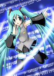  ayane_yuu_(iro_asobi) beamed_eighth_notes beamed_sixteenth_notes detached_sleeves dotted_quarter_note eighth_note green_hair hatsune_miku long_hair musical_note necktie quarter_note solo staff_(music) thighhighs twintails very_long_hair vocaloid 