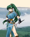  artist_request fire_emblem fire_emblem:_rekka_no_ken gloves green_eyes green_hair high_ponytail long_hair lowres lyndis_(fire_emblem) pelvic_curtain ponytail side_slit solo sword weapon 