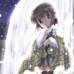  artist_request blue_eyes brown_hair closed_mouth expressionless fountain kanon long_sleeves looking_at_viewer misaka_shiori night night_sky outdoors plaid plaid_scarf scarf shirt short_hair sky solo splashing star_(sky) starry_sky thighhighs water white_shirt zettai_ryouiki 