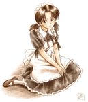  alternate_costume apron artist_request brown_eyes brown_hair enmaided freckles hair_bobbles hair_ornament hands_on_lap horaki_hikari maid maid_headdress mary_janes muted_color neon_genesis_evangelion shoes sitting sketch solo twintails v_arms wariza 