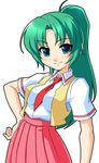  bad_id bad_pixiv_id blush collared_shirt contrapposto green_eyes green_hair hand_on_hip higurashi_no_naku_koro_ni looking_at_viewer manji_taba necktie pleated_skirt ponytail red_neckwear red_skirt shirt simple_background skirt smile solo sonozaki_mion standing vest white_background white_shirt 