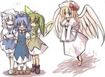  angel_wings annoyed arms_behind_back blonde_hair bloomers blue_hair blush bow capelet cirno crossed_arms daiyousei full_body green_hair hair_bow hat holding letty_whiterock lily_white long_hair long_skirt multiple_girls neck_ribbon one_eye_closed ponytail puffy_sleeves ribbon short_hair skirt skirt_set standing touhou underwear v_arms vu_(oyavun) wings 
