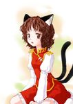  animal_ears brown_eyes brown_hair cat_ears cat_tail chen china_dress chinese_clothes dress kiriu multiple_tails no_hat no_headwear short_hair solo tail touhou 