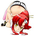  ass bent_over black_gloves breasts dimples_of_venus eyebrows_visible_through_hair fingerless_gloves full_body gloves hair_ornament hairpin large_breasts looking_at_viewer nishimo pink_legwear red_hair sidelocks simple_background skull_hair_ornament smile solo tengen_toppa_gurren_lagann thighhighs top-down_bottom-up topless white_background yoko_littner 