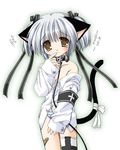  animal_ears armband bandaid bandaid_on_leg bangs black_ribbon brown_eyes cat_ears cat_tail collar copyright_request cowboy_shot cross_print dress_shirt finger_to_mouth gothic hair_ribbon leash long_sleeves looking_at_viewer nekoneko no_pants off_shoulder panties ribbon safety_pin shirt silver_hair single_thighhigh sleeves_past_wrists solo striped striped_panties tail tail_ribbon tareme tears thighhighs translation_request two_side_up underwear white_background white_shirt 