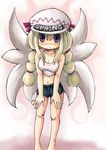  alternate_costume blonde_hair blush casual clothes_writing contemporary english hat lily_white purple_eyes shorts solo touhou vu_(oyavun) wings 