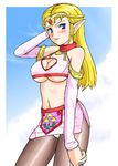  bare_shoulders blonde_hair blue_eyes blush breasts cleavage cleavage_cutout covered_nipples crown elbow_gloves gloves hat konpeto large_breasts long_hair midriff panties pantyhose pointy_ears princess_zelda solo the_legend_of_zelda the_legend_of_zelda:_ocarina_of_time triforce underboob underwear 